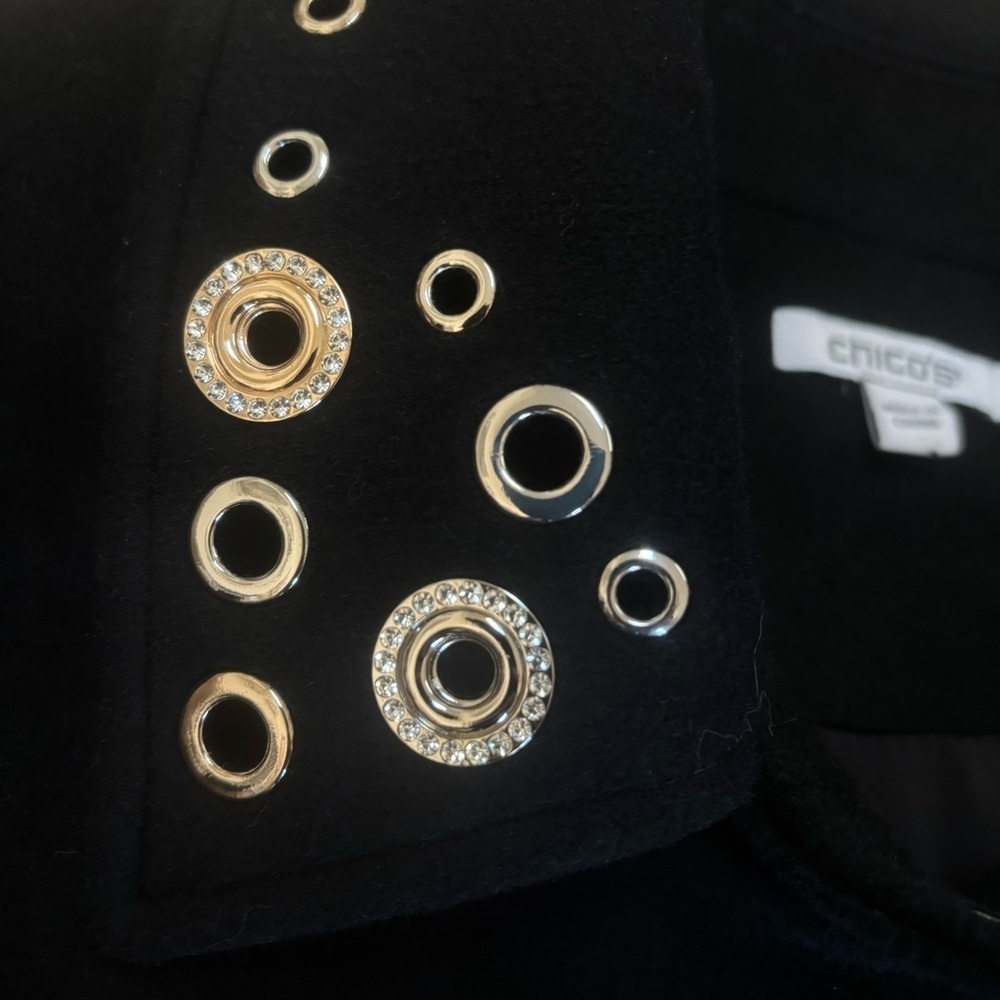 Chico’s Black Silver & Gold Embellished Wool Blend Car Coat Jacket Size 3 US 16 - Picture 11 of 16
